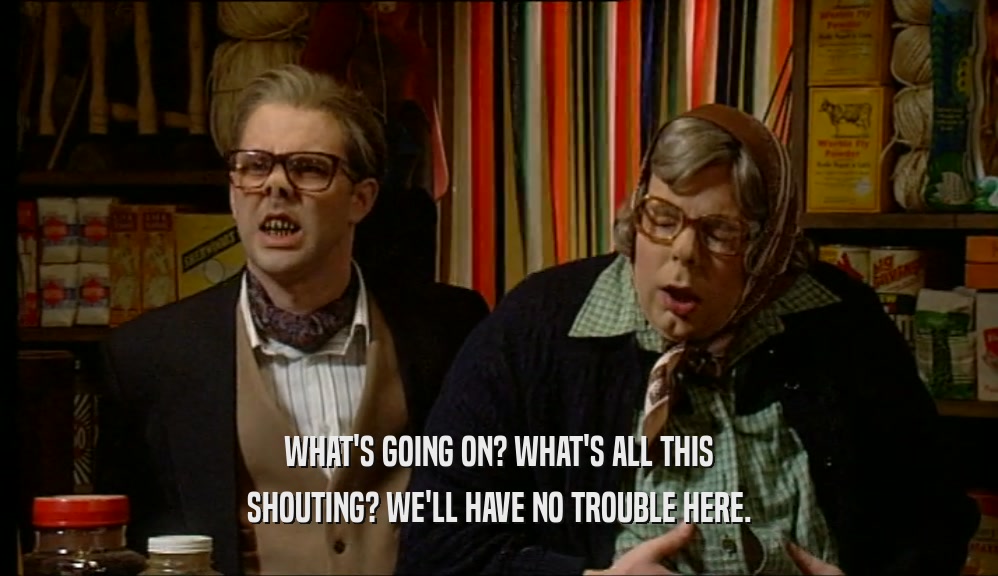 WHAT'S GOING ON? WHAT'S ALL THIS SHOUTING? WE'LL HAVE NO TROUBLE HERE. 