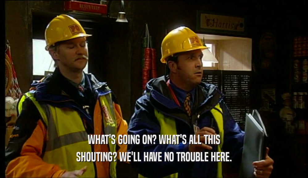 WHAT'S GOING ON? WHAT'S ALL THIS SHOUTING? WE'LL HAVE NO TROUBLE HERE. 
