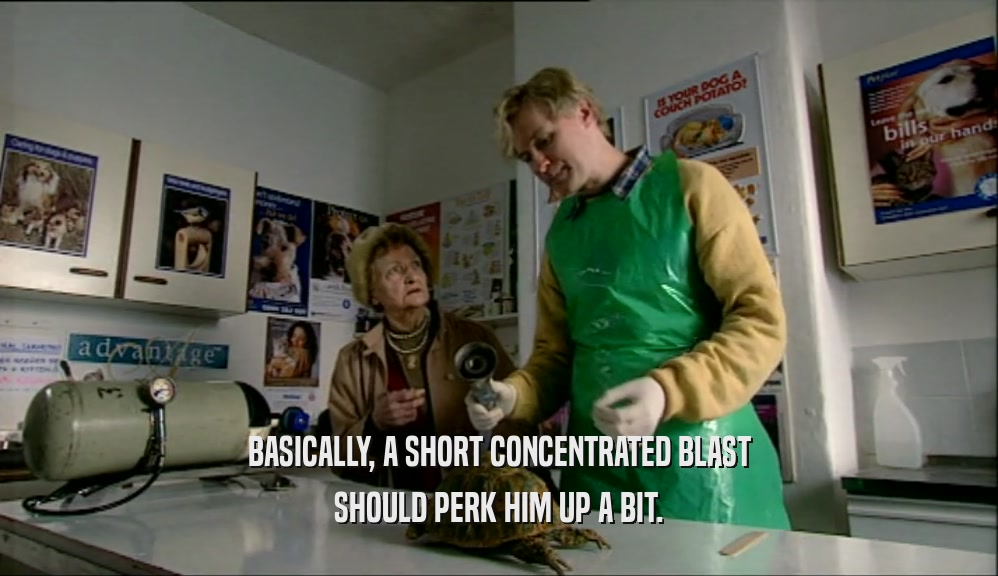 BASICALLY, A SHORT CONCENTRATED BLAST SHOULD PERK HIM UP A BIT. 
