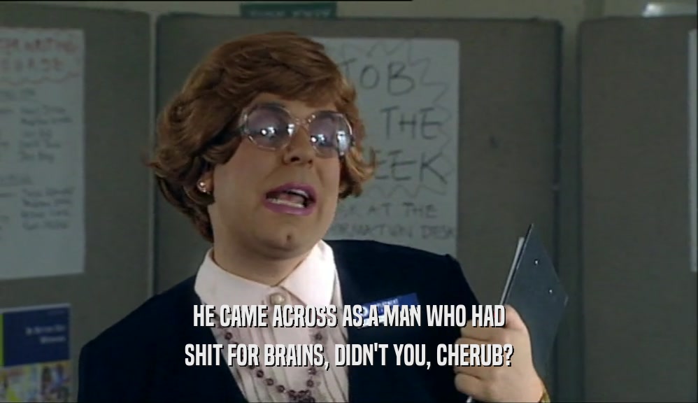 HE CAME ACROSS AS A MAN WHO HAD SHIT FOR BRAINS, DIDN'T YOU, CHERUB? 