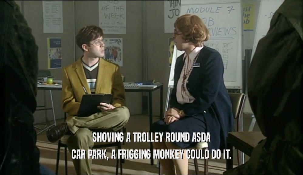 SHOVING A TROLLEY ROUND ASDA CAR PARK, A FRIGGING MONKEY COULD DO IT. 