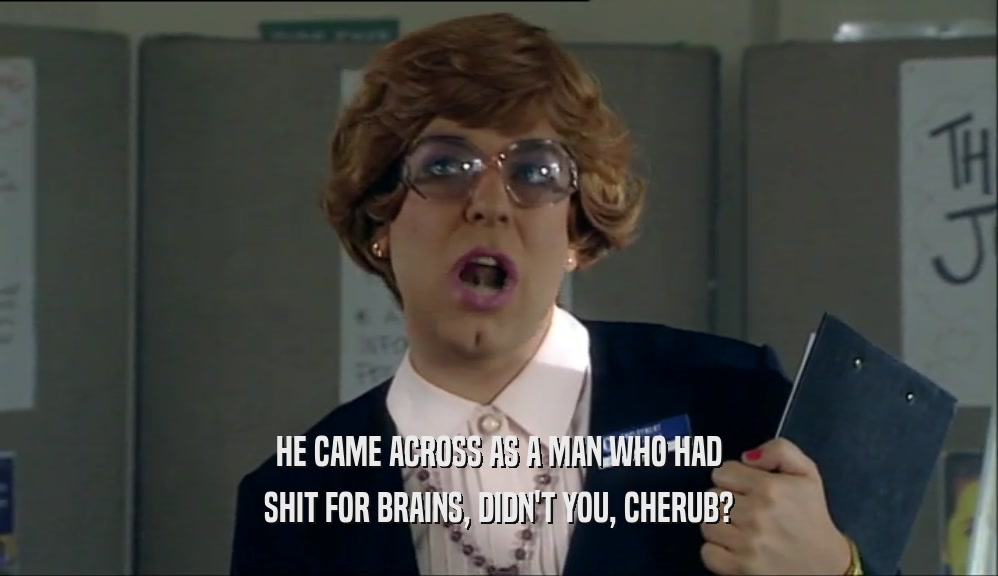 HE CAME ACROSS AS A MAN WHO HAD SHIT FOR BRAINS, DIDN'T YOU, CHERUB? 