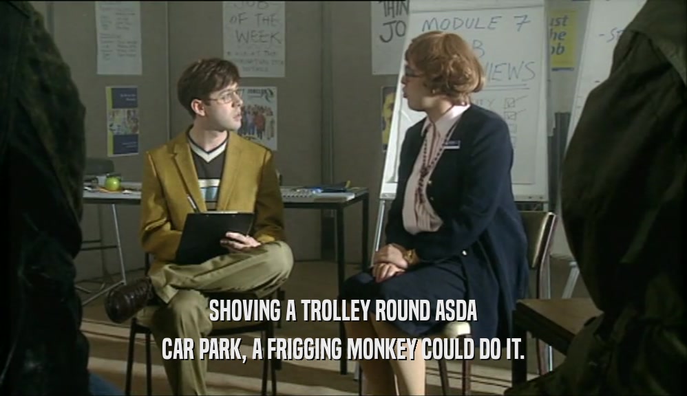 SHOVING A TROLLEY ROUND ASDA CAR PARK, A FRIGGING MONKEY COULD DO IT. 
