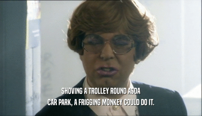 SHOVING A TROLLEY ROUND ASDA CAR PARK, A FRIGGING MONKEY COULD DO IT. 