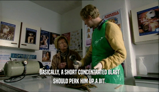 BASICALLY, A SHORT CONCENTRATED BLAST SHOULD PERK HIM UP A BIT. 