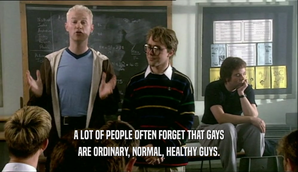A LOT OF PEOPLE OFTEN FORGET THAT GAYS
 ARE ORDINARY, NORMAL, HEALTHY GUYS.
 