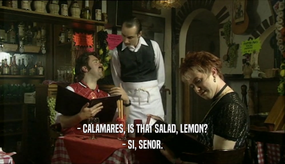 - CALAMARES, IS THAT SALAD, LEMON?
 - SI, SENOR.
 