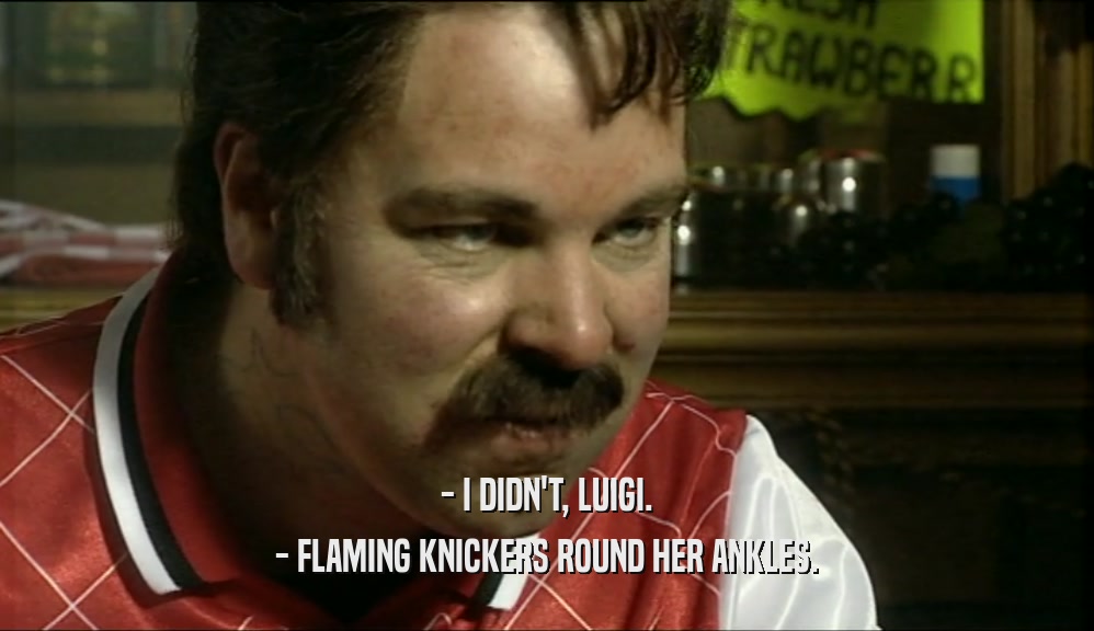 - I DIDN'T, LUIGI.
 - FLAMING KNICKERS ROUND HER ANKLES.
 