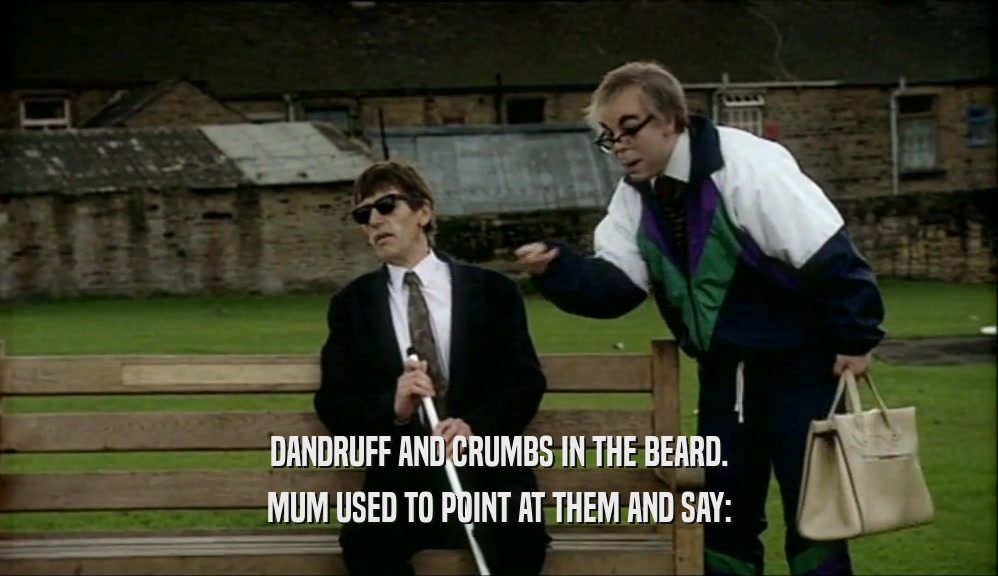 DANDRUFF AND CRUMBS IN THE BEARD. MUM USED TO POINT AT THEM AND SAY: 