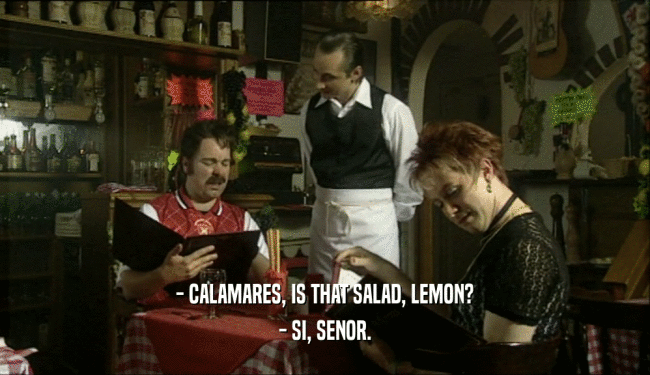 - CALAMARES, IS THAT SALAD, LEMON? - SI, SENOR. 