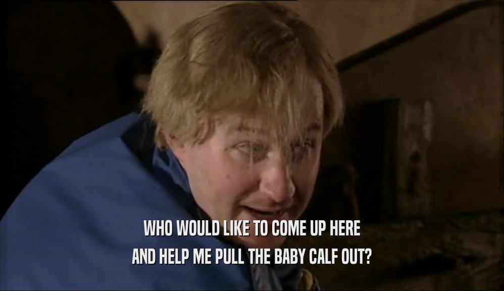 WHO WOULD LIKE TO COME UP HERE AND HELP ME PULL THE BABY CALF OUT? 