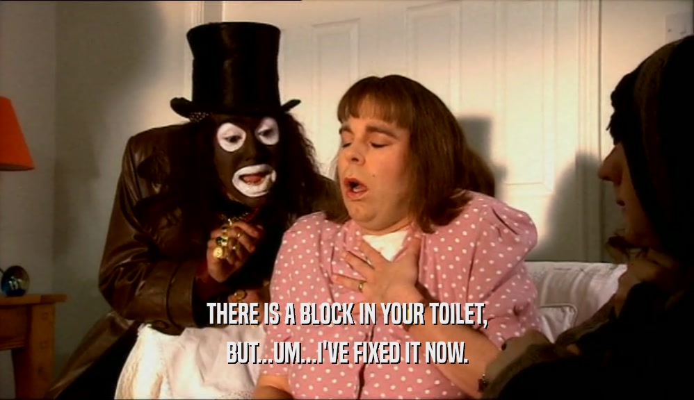 THERE IS A BLOCK IN YOUR TOILET,
 BUT...UM...I'VE FIXED IT NOW.
 