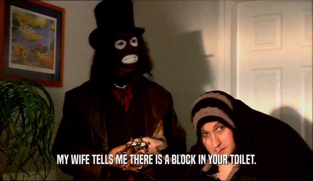 MY WIFE TELLS ME THERE IS A BLOCK IN YOUR TOILET.
  