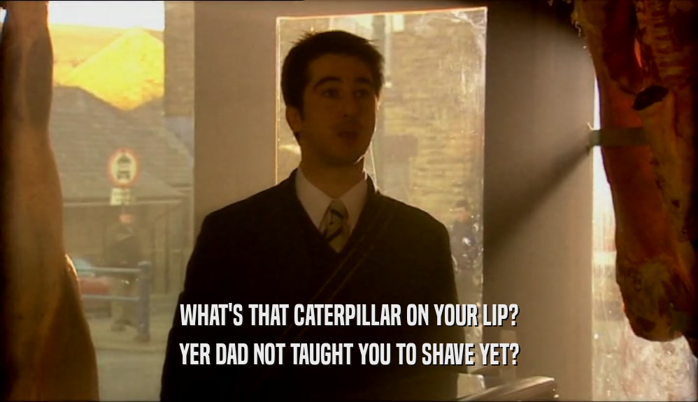 WHAT'S THAT CATERPILLAR ON YOUR LIP? YER DAD NOT TAUGHT YOU TO SHAVE YET? 