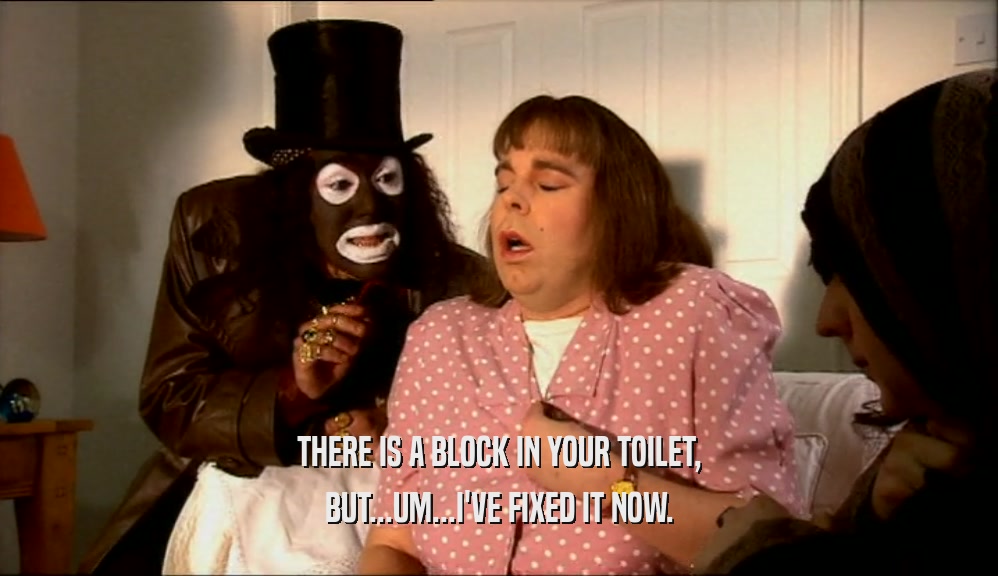 THERE IS A BLOCK IN YOUR TOILET,
 BUT...UM...I'VE FIXED IT NOW.
 