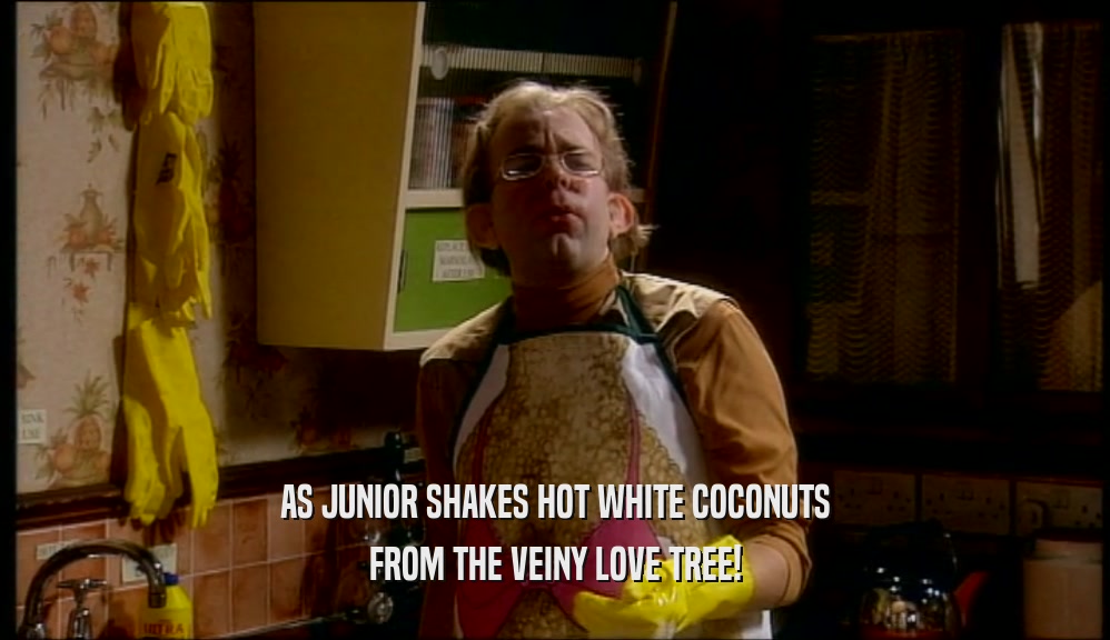 AS JUNIOR SHAKES HOT WHITE COCONUTS
 FROM THE VEINY LOVE TREE!
 
