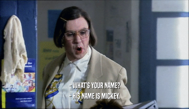 - WHAT'S YOUR NAME?
 - HIS NAME IS MICKEY.
 