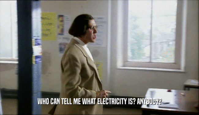 WHO CAN TELL ME WHAT ELECTRICITY IS? ANYBODY?
  
