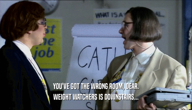 YOU'VE GOT THE WRONG ROOM, DEAR. WEIGHT WATCHERS IS DOWNSTAIRS... 