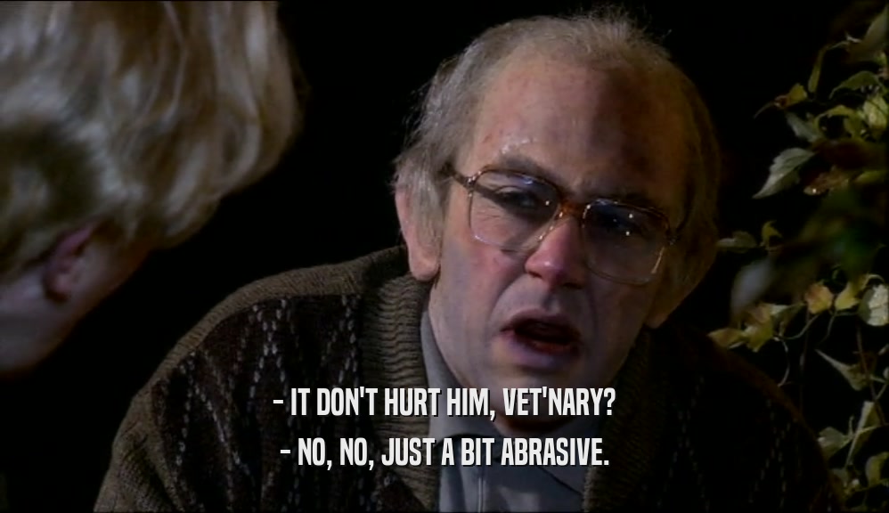 - IT DON'T HURT HIM, VET'NARY? - NO, NO, JUST A BIT ABRASIVE. 