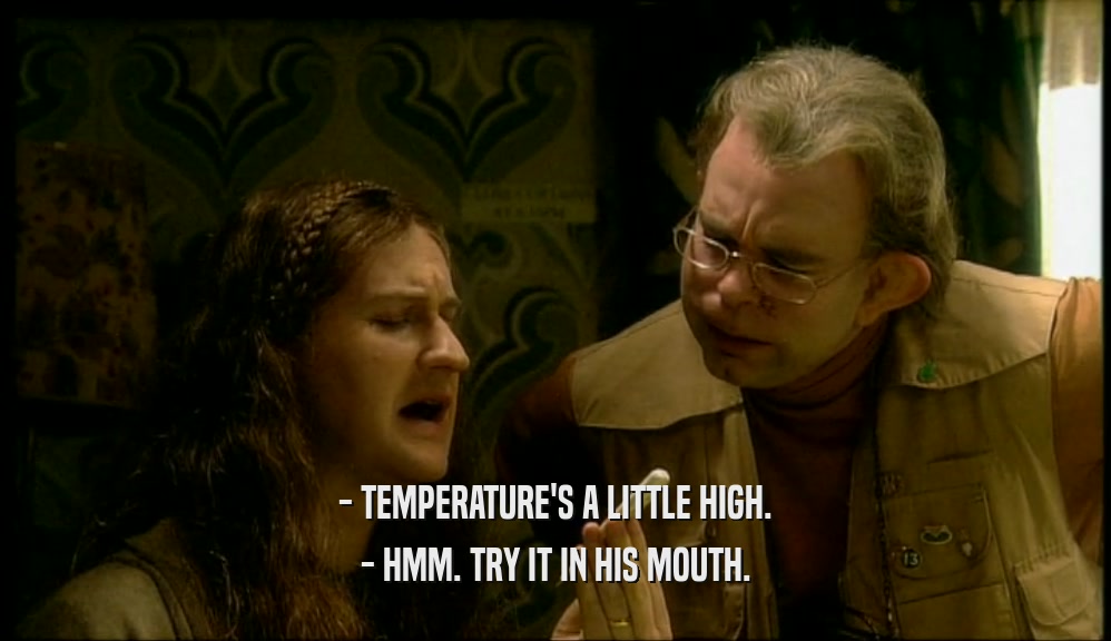 - TEMPERATURE'S A LITTLE HIGH. - HMM. TRY IT IN HIS MOUTH. 