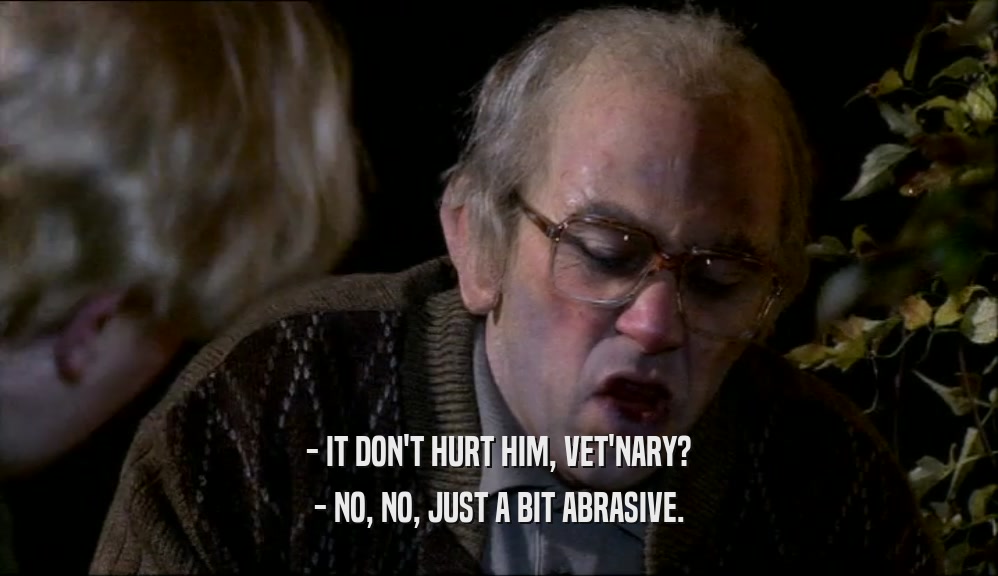 - IT DON'T HURT HIM, VET'NARY? - NO, NO, JUST A BIT ABRASIVE. 