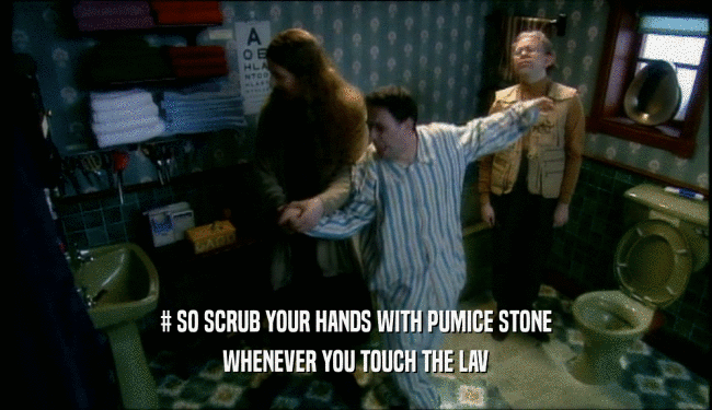 # SO SCRUB YOUR HANDS WITH PUMICE STONE WHENEVER YOU TOUCH THE LAV 