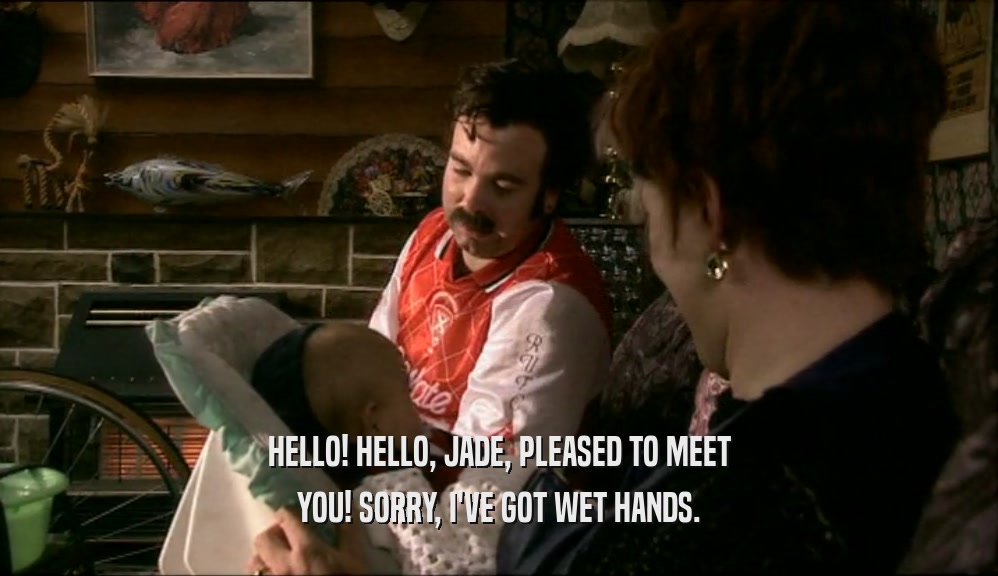 HELLO! HELLO, JADE, PLEASED TO MEET YOU! SORRY, I'VE GOT WET HANDS. 