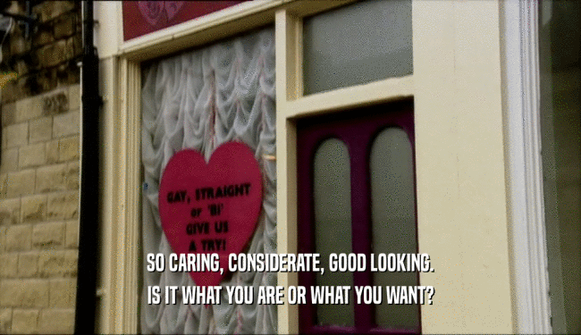 SO CARING, CONSIDERATE, GOOD LOOKING.
 IS IT WHAT YOU ARE OR WHAT YOU WANT?
 