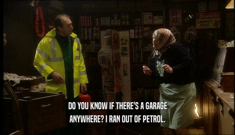 DO YOU KNOW IF THERE'S A GARAGE
 ANYWHERE? I RAN OUT OF PETROL.
 