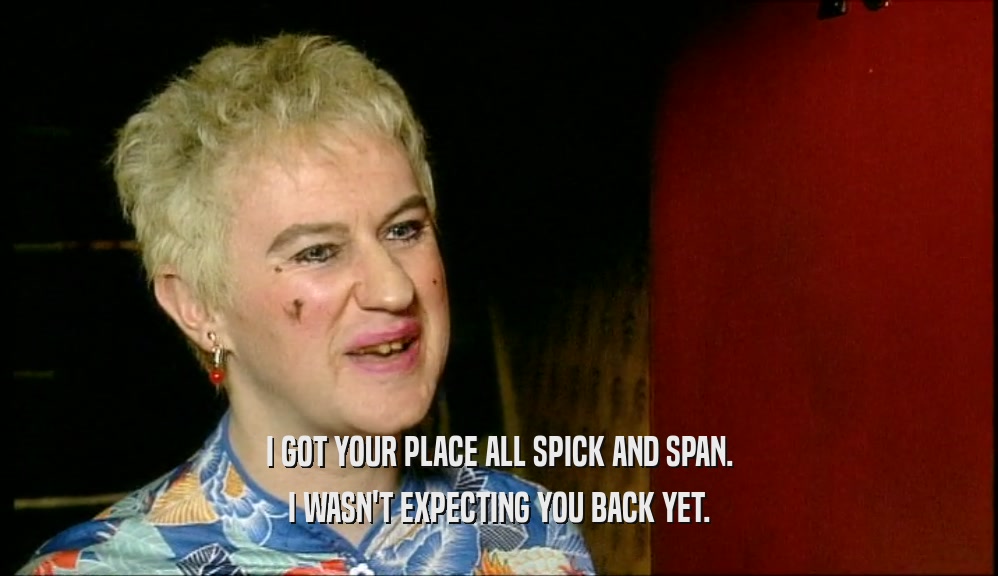 I GOT YOUR PLACE ALL SPICK AND SPAN. I WASN'T EXPECTING YOU BACK YET. 