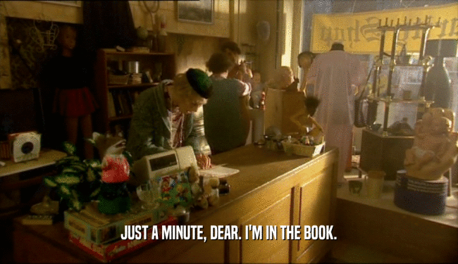 JUST A MINUTE, DEAR. I'M IN THE BOOK.  