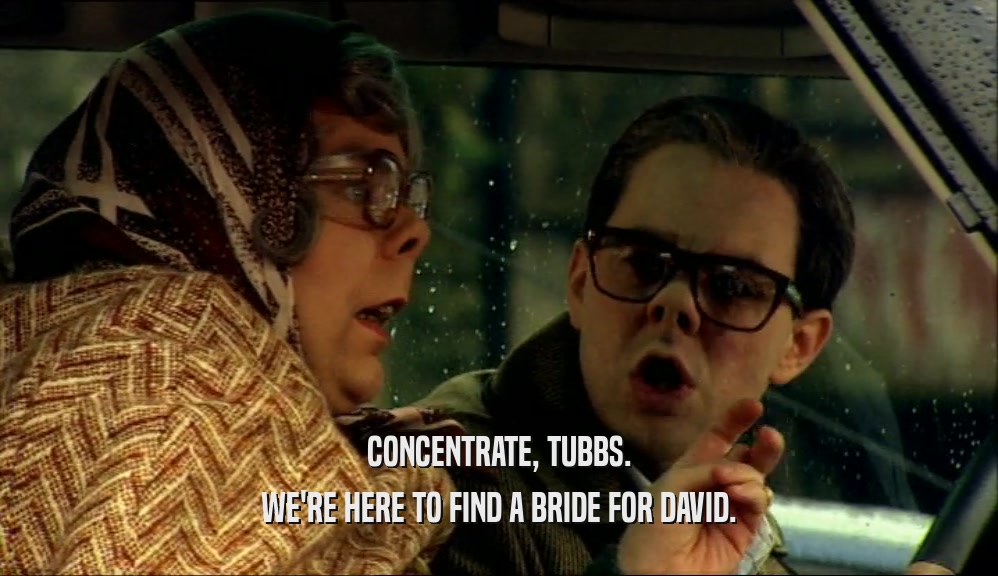 CONCENTRATE, TUBBS. WE'RE HERE TO FIND A BRIDE FOR DAVID. 