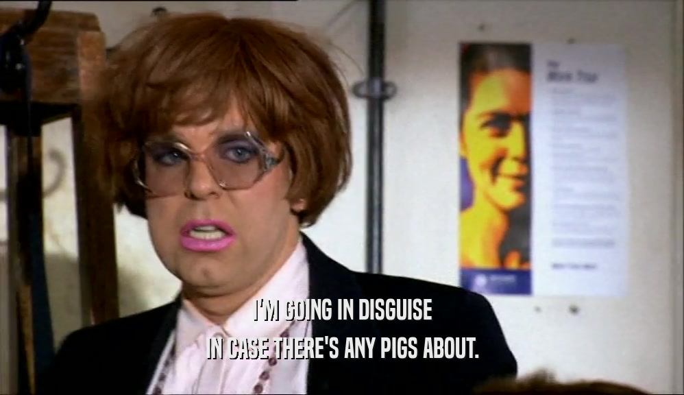 I'M GOING IN DISGUISE IN CASE THERE'S ANY PIGS ABOUT. 