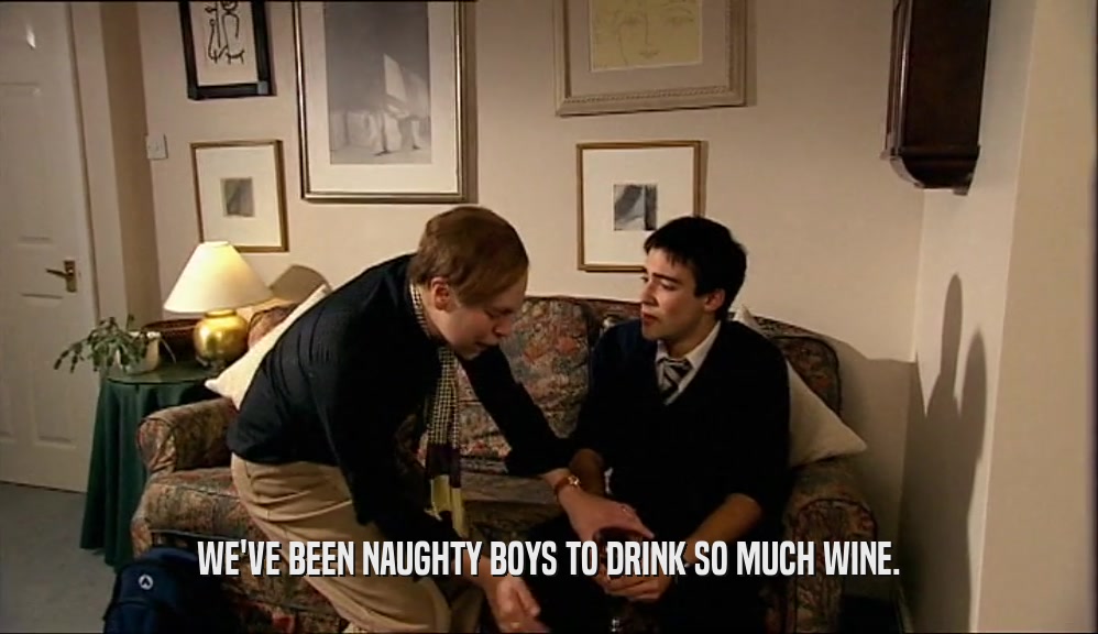 WE'VE BEEN NAUGHTY BOYS TO DRINK SO MUCH WINE.
  