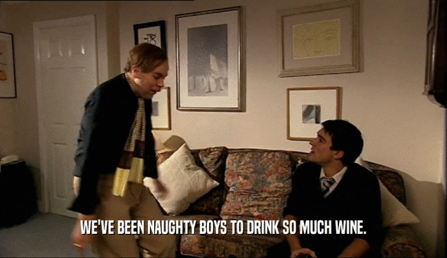 WE'VE BEEN NAUGHTY BOYS TO DRINK SO MUCH WINE.
  