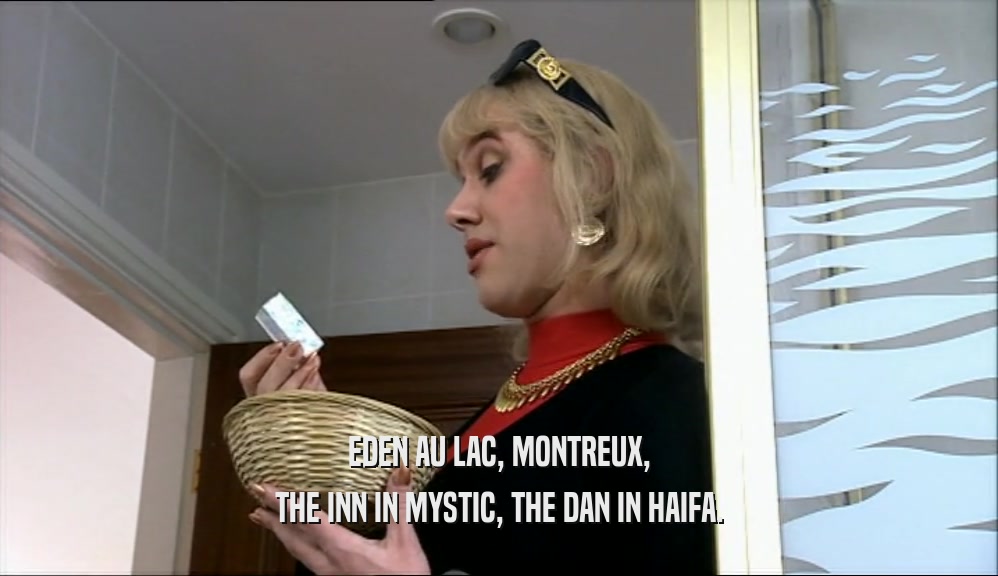 EDEN AU LAC, MONTREUX, THE INN IN MYSTIC, THE DAN IN HAIFA. 