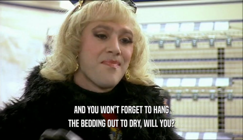 AND YOU WON'T FORGET TO HANG THE BEDDING OUT TO DRY, WILL YOU? 