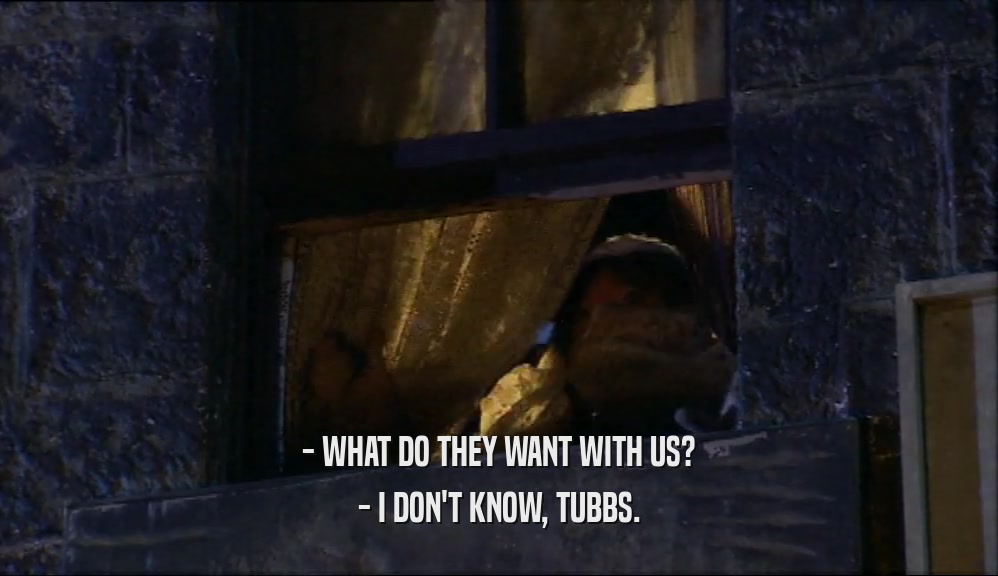 - WHAT DO THEY WANT WITH US?
 - I DON'T KNOW, TUBBS.
 