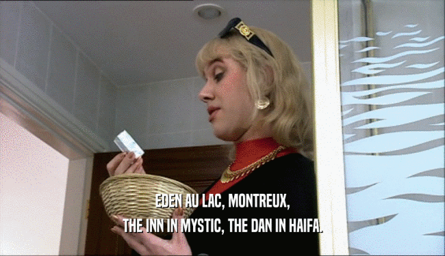 EDEN AU LAC, MONTREUX, THE INN IN MYSTIC, THE DAN IN HAIFA. 