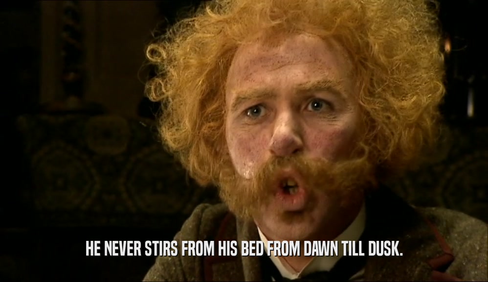 HE NEVER STIRS FROM HIS BED FROM DAWN TILL DUSK.  
