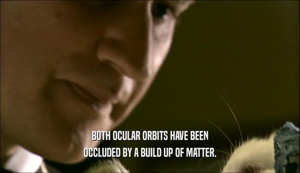 BOTH OCULAR ORBITS HAVE BEEN
 OCCLUDED BY A BUILD UP OF MATTER.
 