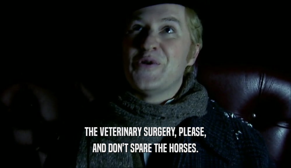 THE VETERINARY SURGERY, PLEASE,
 AND DON'T SPARE THE HORSES.
 