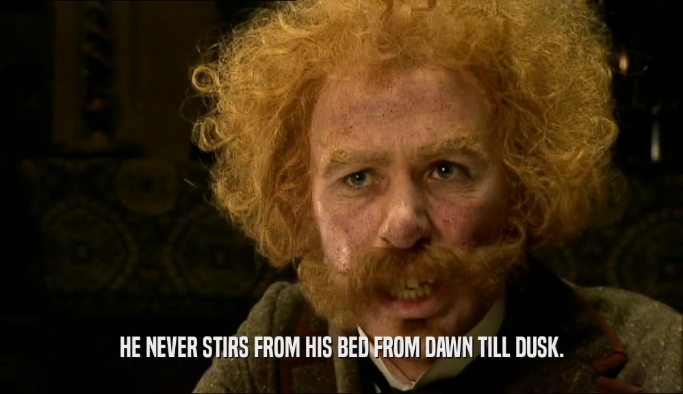 HE NEVER STIRS FROM HIS BED FROM DAWN TILL DUSK.  