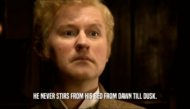 HE NEVER STIRS FROM HIS BED FROM DAWN TILL DUSK.  