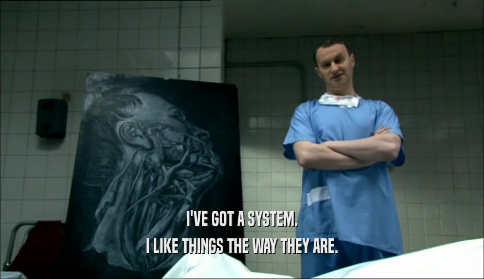 I'VE GOT A SYSTEM. I LIKE THINGS THE WAY THEY ARE. 
