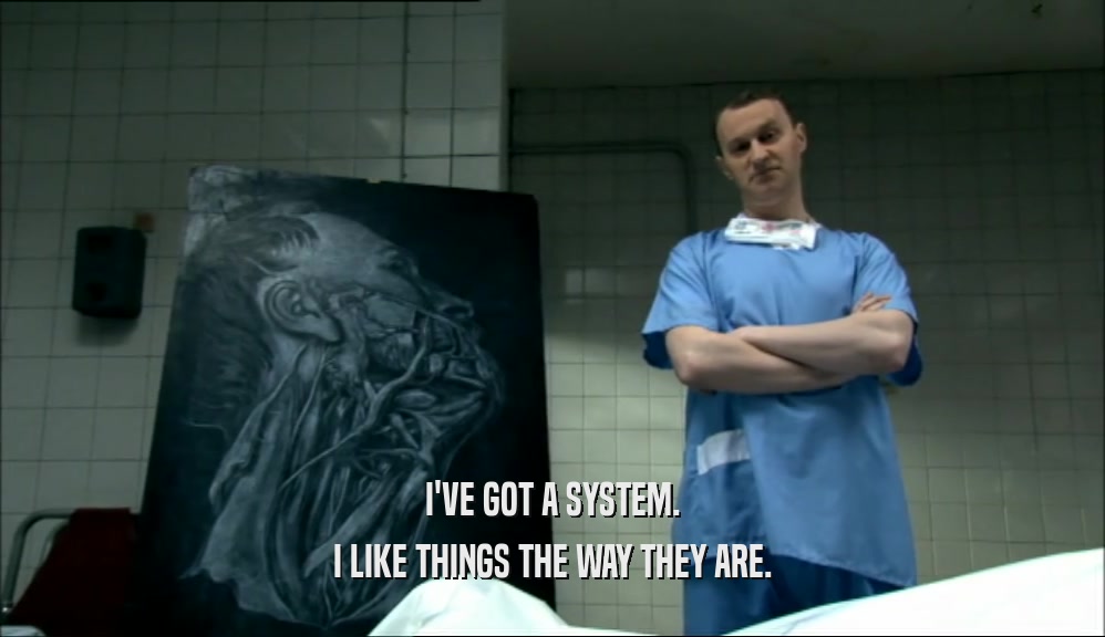 I'VE GOT A SYSTEM. I LIKE THINGS THE WAY THEY ARE. 