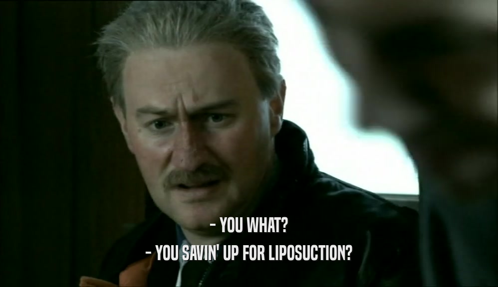 - YOU WHAT? - YOU SAVIN' UP FOR LIPOSUCTION? 