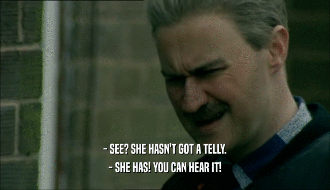 - SEE? SHE HASN'T GOT A TELLY.
 - SHE HAS! YOU CAN HEAR IT!
 