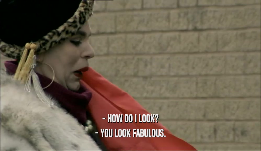 - HOW DO I LOOK?
 - YOU LOOK FABULOUS.
 
